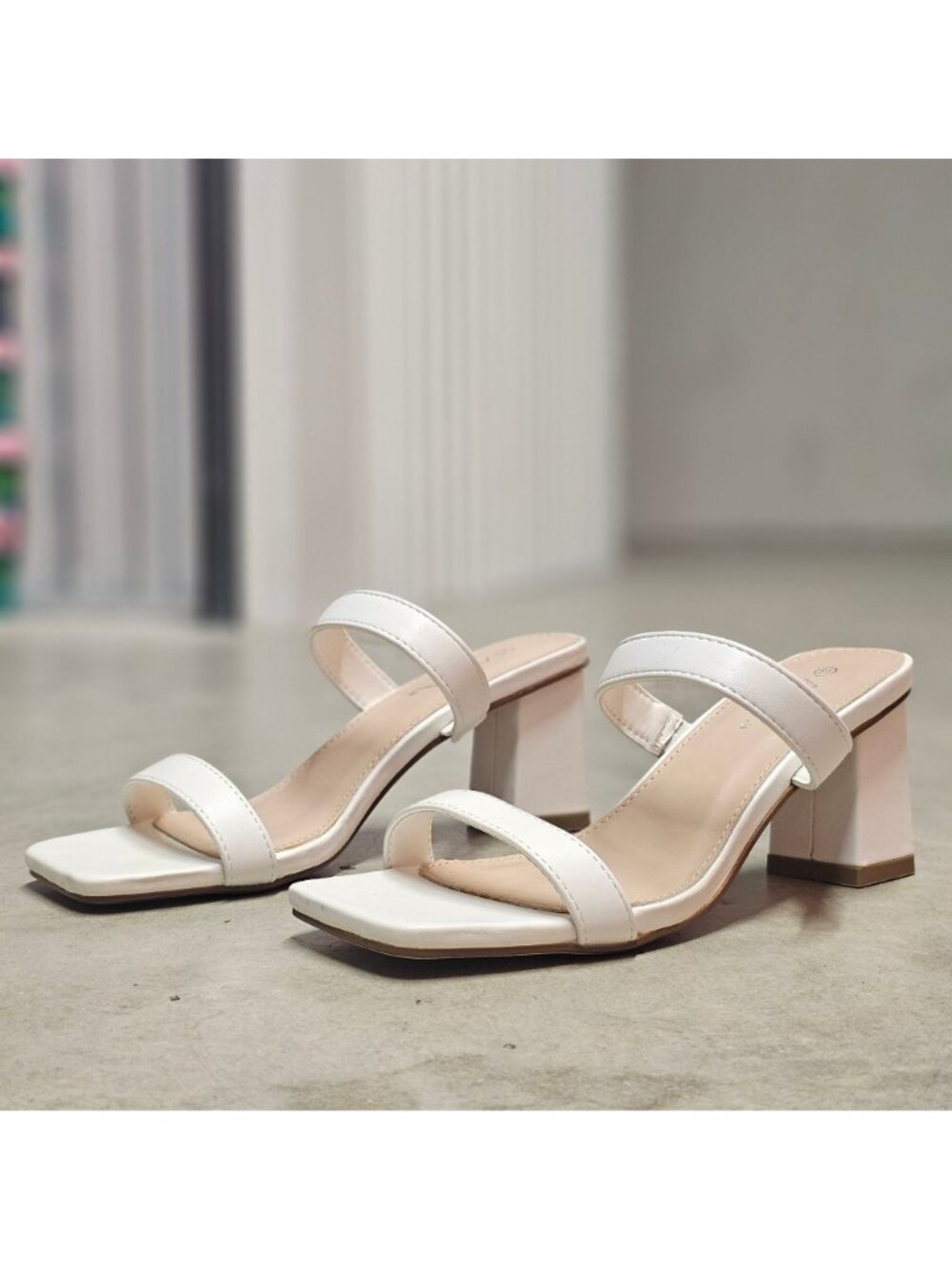 White Faux Leather Block Heel Sandals With Double Straps & Square Toe For Women - Picture 6 of 15